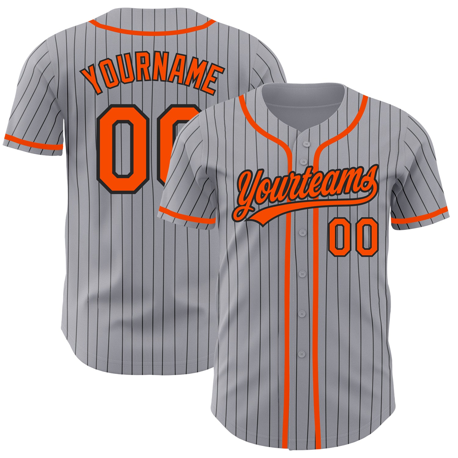 Custom Team Baseball Jersey - Personalized Gray Black Pinstripe with Orange Name and Number Personalized Gray Black Pinstripe