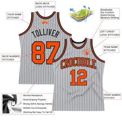 Custom Name Number Basketball Jersey - Personalized Gray Black Pinstripe Orange Authentic Team Personalized Gray Black Pinstripe