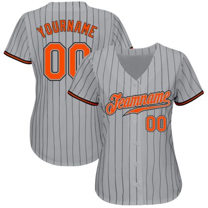 Customizable Gray Black Orange-Black Pinstripe Authentic Baseball Jersey with Name and Number Personalized Gray Black Pinstripe