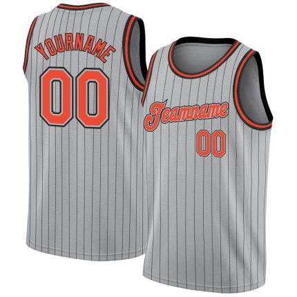 Custom Personalized Basketball Jersey - Authentic Gray Black Pinstripe with Orange-Black, Team Name & Number Personalized