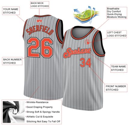 Custom Personalized Basketball Jersey - Authentic Gray Black Pinstripe with Orange-Black, Team Name & Number Personalized