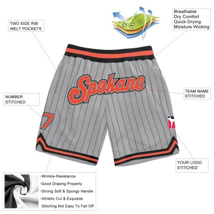 Custom Team Basketball Shorts with Personalized Name and Number - Gray Black Pinstripe Orange-Black Authentic Design Personalized