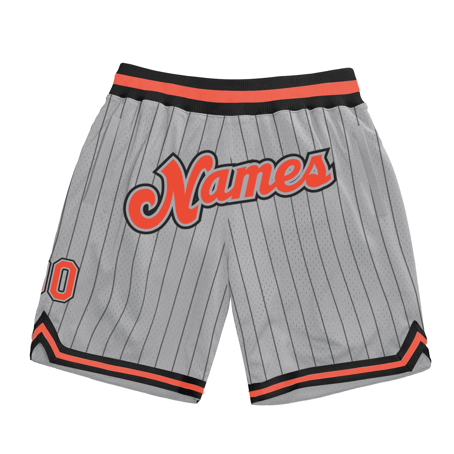 Custom Team Basketball Shorts with Personalized Name and Number - Gray Black Pinstripe Orange-Black Authentic Design Personalized