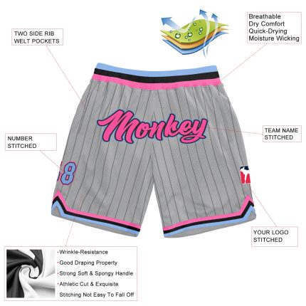 Custom Team Basketball Shorts - Personalized Gray Black Pinstripe with Name & Number in Pink-Light Blue Personalized Gray