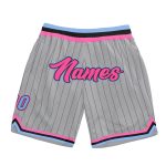 Custom Team Basketball Shorts - Personalized Gray Black Pinstripe with Name & Number in Pink-Light Blue Personalized Gray