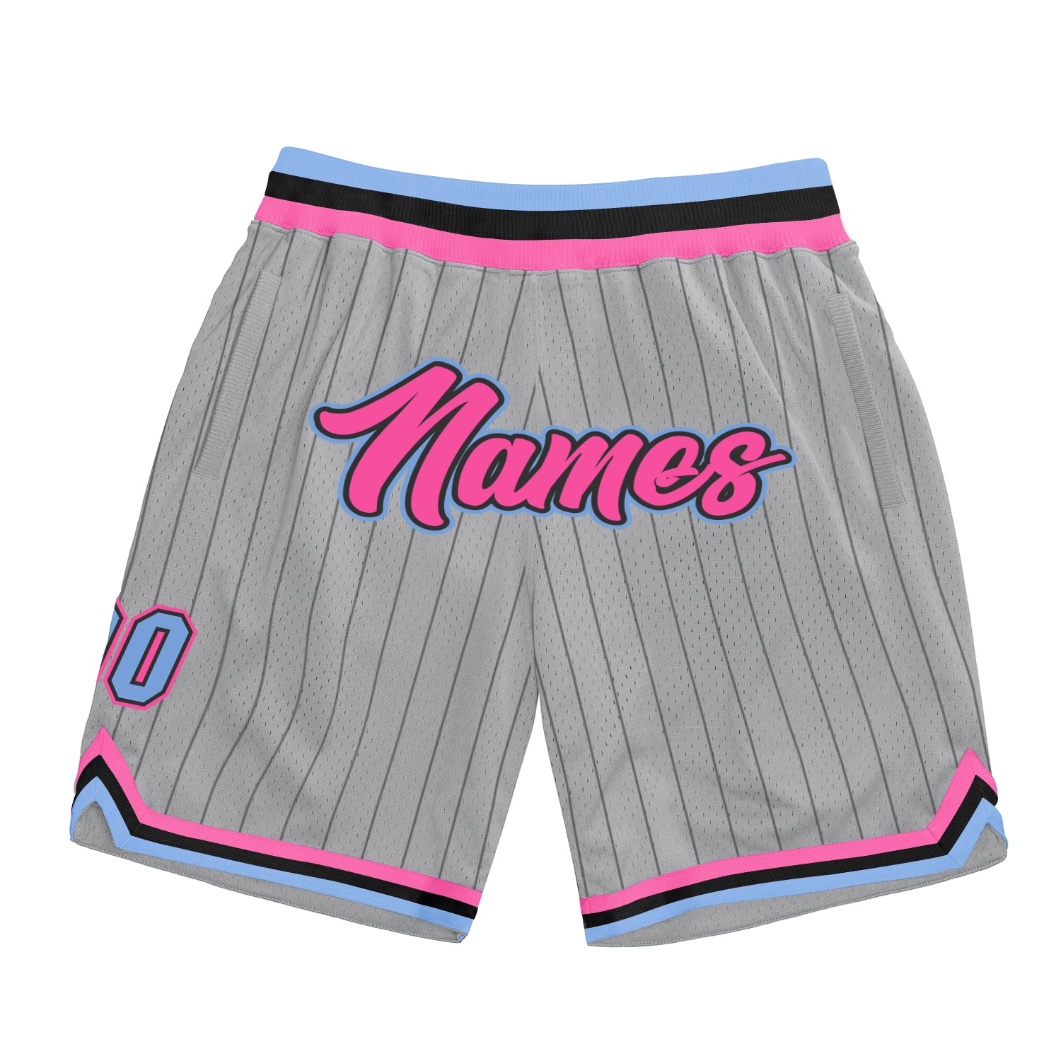 Custom Team Basketball Shorts - Personalized Gray Black Pinstripe with Name & Number in Pink-Light Blue Personalized Gray