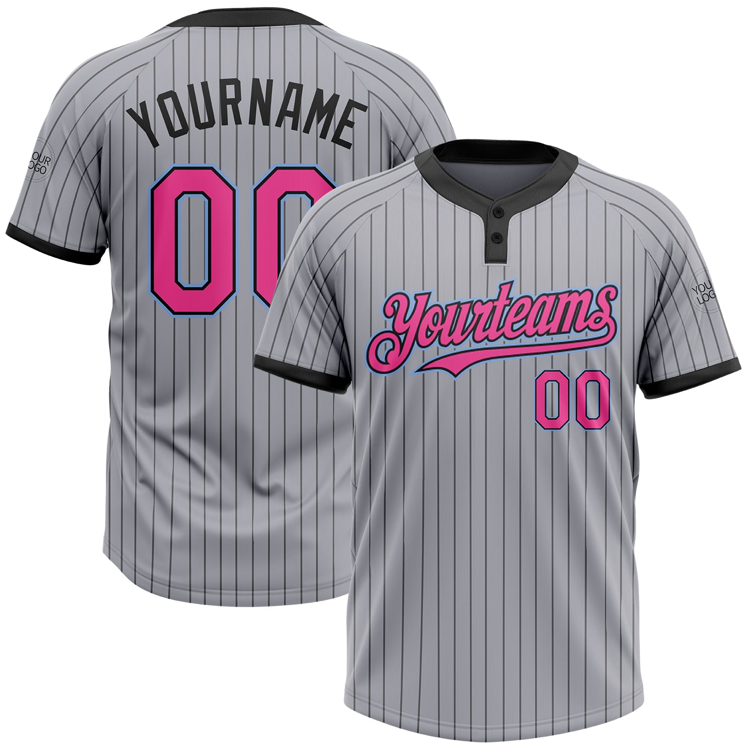 Custom Two-Button Unisex Softball Jersey with Personalized Name & Number - Gray Black Pinstripe Pink-Light Blue Personalized