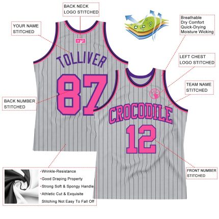 Custom Name Number Basketball Jersey - Personalized Gray Black Pinstripe Pink Purple Authentic Team Jersey Personalized Gray