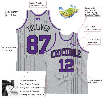 Custom Personalized Basketball Jersey with Pinstripe Design in Gray and Black, Team Name and Number, Authentic Style Personalized