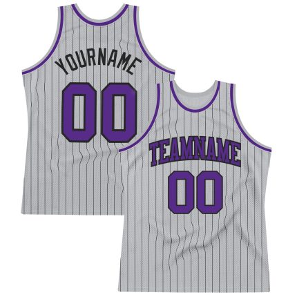 Custom Personalized Basketball Jersey with Pinstripe Design in Gray and Black, Team Name and Number, Authentic Style Personalized