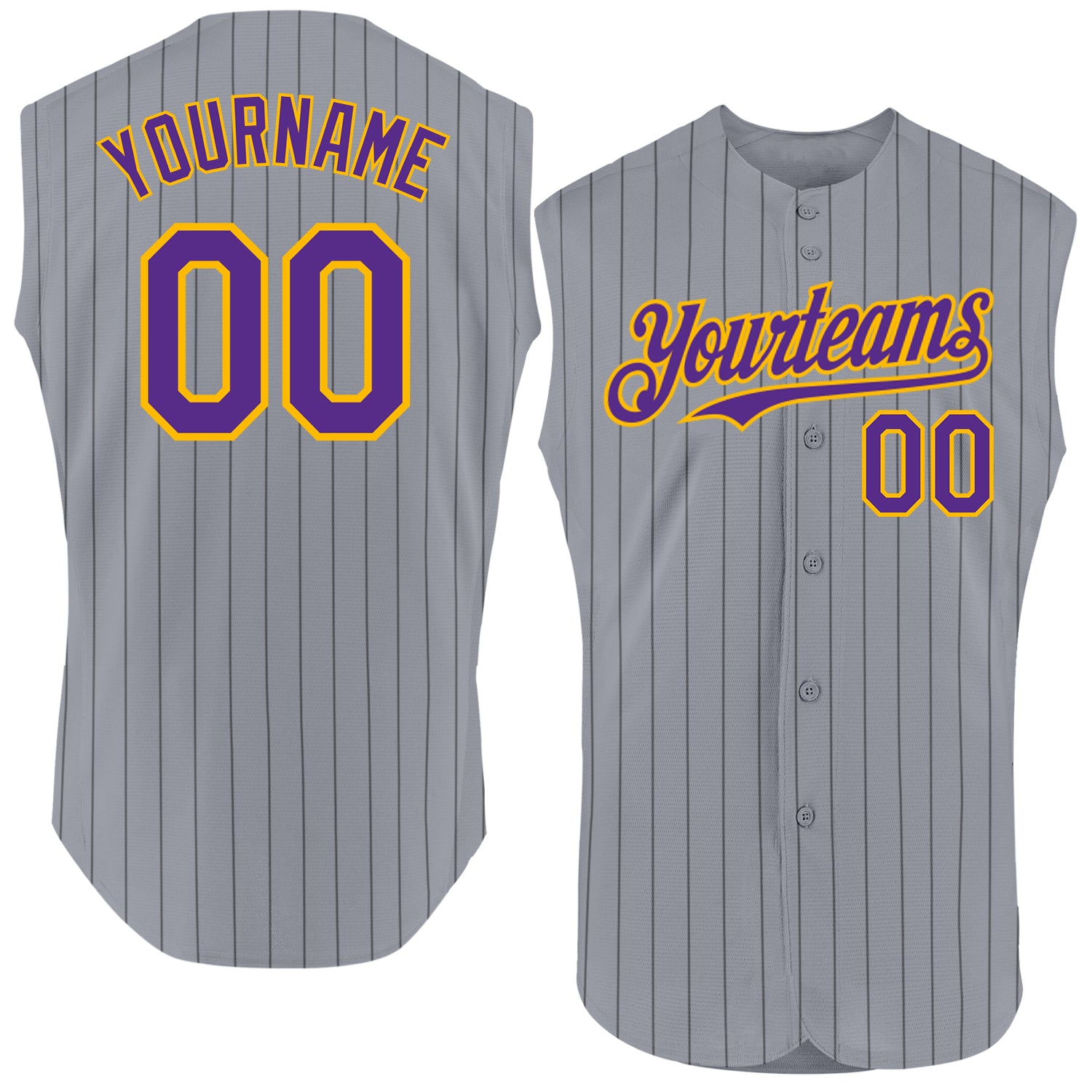 Customizable Purple Gold Gray Black Pinstripe Baseball Jersey with Personalized Name and Number - Authentic Sleeveless Design