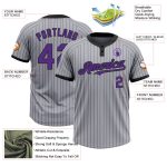Custom Name and Number Softball Jersey for Teams - Personalized Unisex Gray Black Pinstripe Two-Button in Purple Personalized