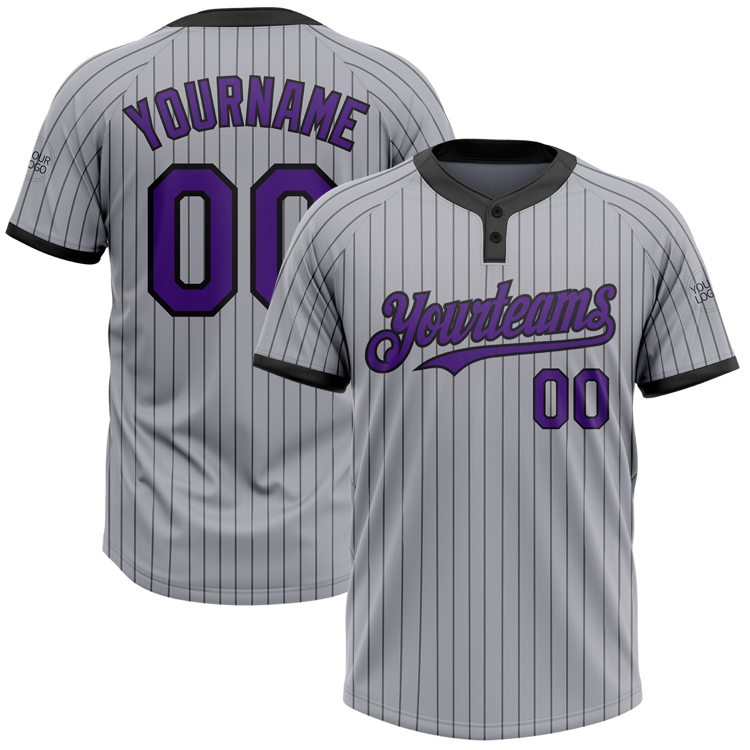 Custom Name and Number Softball Jersey for Teams - Personalized Unisex Gray Black Pinstripe Two-Button in Purple Personalized