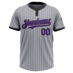 Custom Name and Number Softball Jersey for Teams - Personalized Unisex Gray Black Pinstripe Two-Button in Purple Personalized