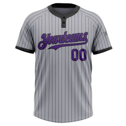 Custom Name and Number Softball Jersey for Teams - Personalized Unisex Gray Black Pinstripe Two-Button in Purple Personalized