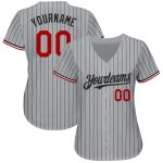 Personalized Authentic Baseball Jersey - Gray Black Pinstripe with Red-White Accents Personalized Gray Black Pinstripe Red-White