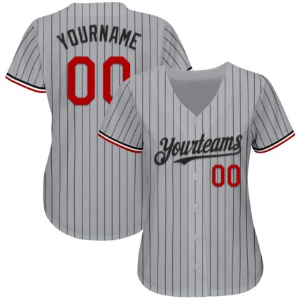 Personalized Authentic Baseball Jersey - Gray Black Pinstripe with Red-White Accents Personalized Gray Black Pinstripe Red-White