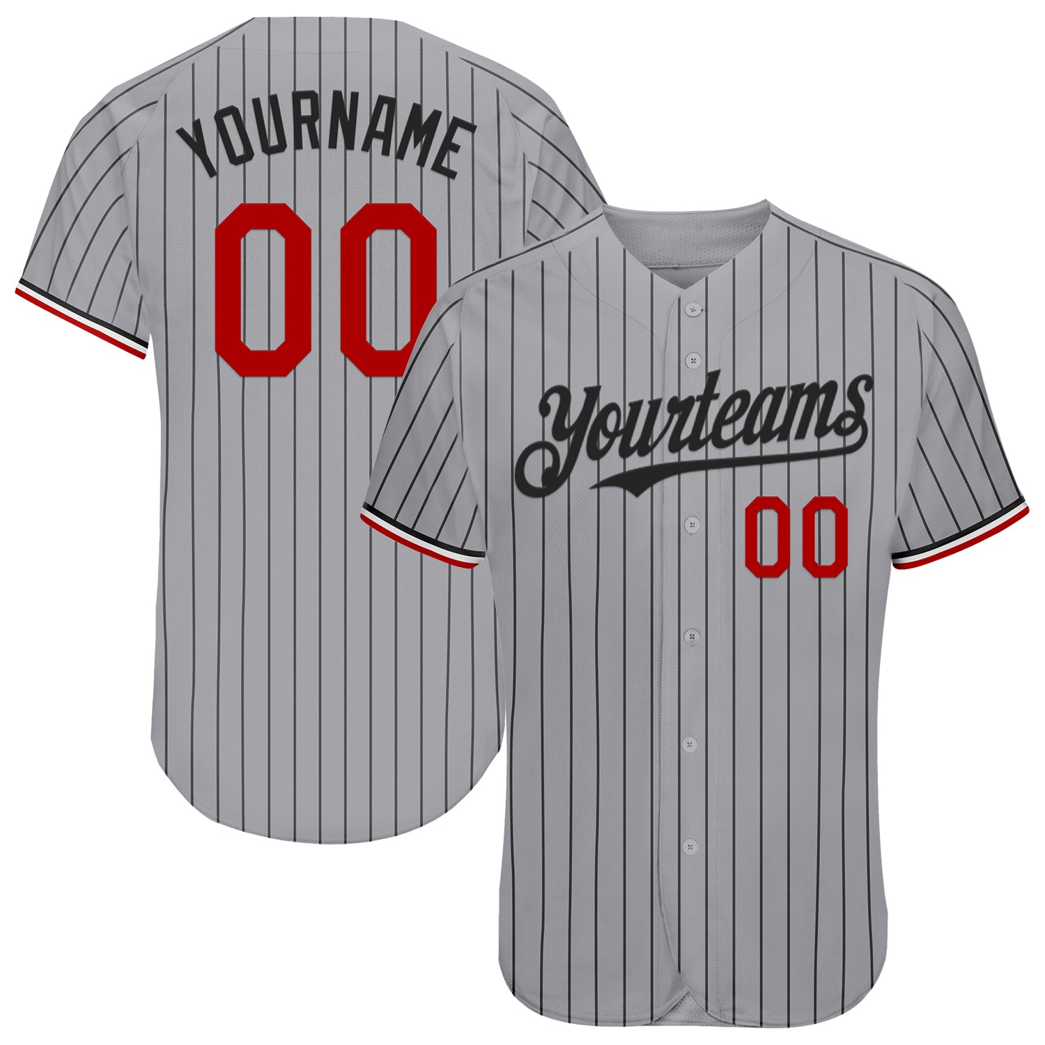 Personalized Authentic Baseball Jersey - Gray Black Pinstripe with Red-White Accents Personalized Gray Black Pinstripe Red-White