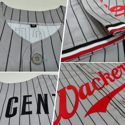 Custom Name and Number Authentic Baseball Jersey - Personalized Gray Black Pinstripe Red-White Design Personalized Gray Black