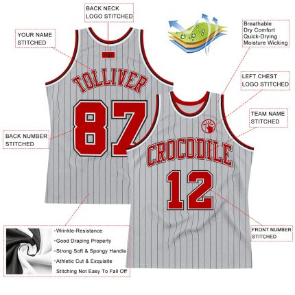Custom Pinstripe Basketball Jersey - Personalized Gray Black Red-White Team Name and Number Authentic Personalized Gray Black