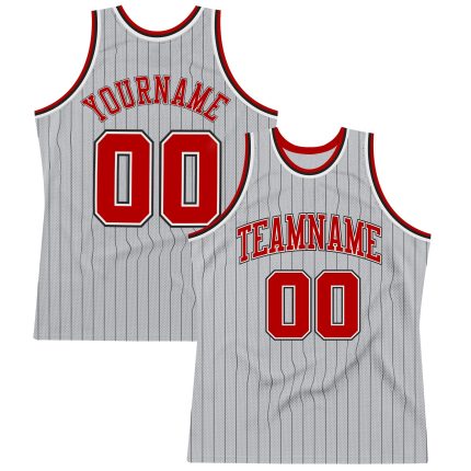 Custom Pinstripe Basketball Jersey - Personalized Gray Black Red-White Team Name and Number Authentic Personalized Gray Black