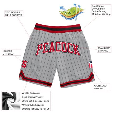 Custom Team Basketball Shorts with Name & Number - Red-White Gray Black Pinstripe Authentic Personalized Gray Black Pinstripe