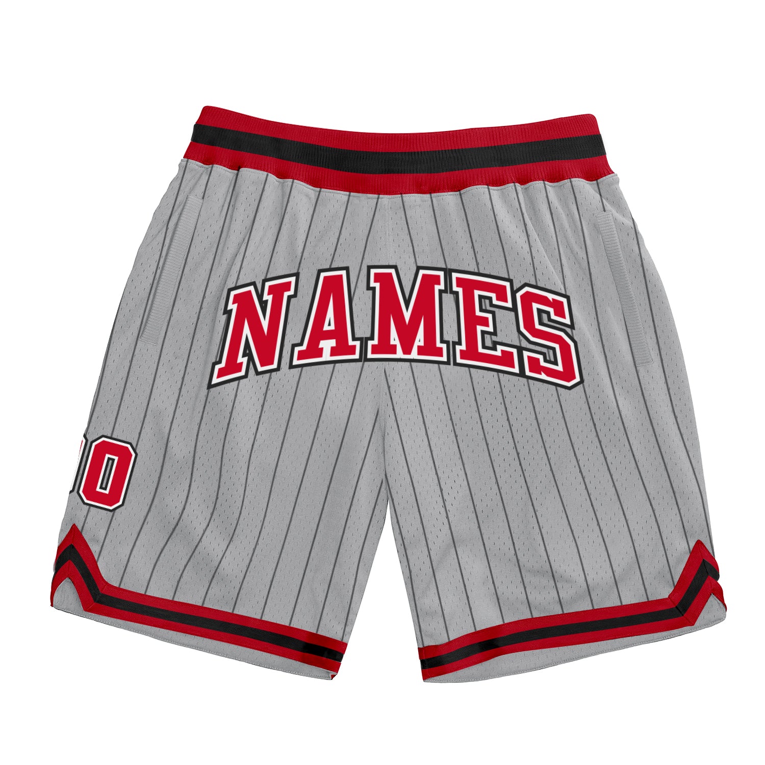 Custom Team Basketball Shorts with Name & Number - Red-White Gray Black Pinstripe Authentic Personalized Gray Black Pinstripe