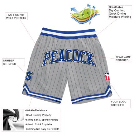 Custom Name and Number Authentic Basketball Shorts - Gray Black Pinstripe Royal-White Team Apparel Personalized Gray Black