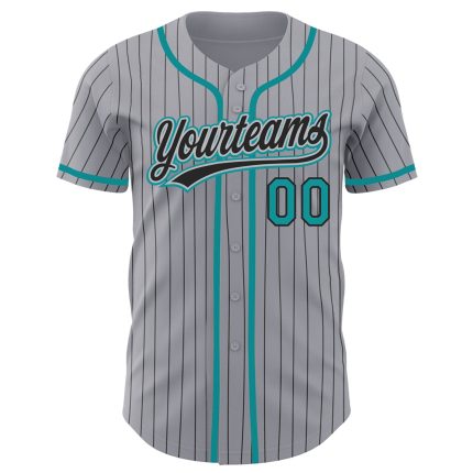 Custom Authentic Baseball Jersey Personalized Gray Black Pinstripe Teal with Team Name and Number Personalized Gray Black