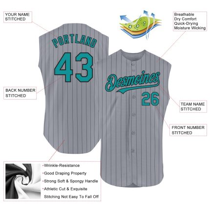 Custom Teal Baseball Jersey with Personalized Gray Black Pinstripe Design, Sleeveless, Team Name & Number Personalized Gray