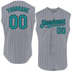 Custom Teal Baseball Jersey with Personalized Gray Black Pinstripe Design, Sleeveless, Team Name & Number Personalized Gray