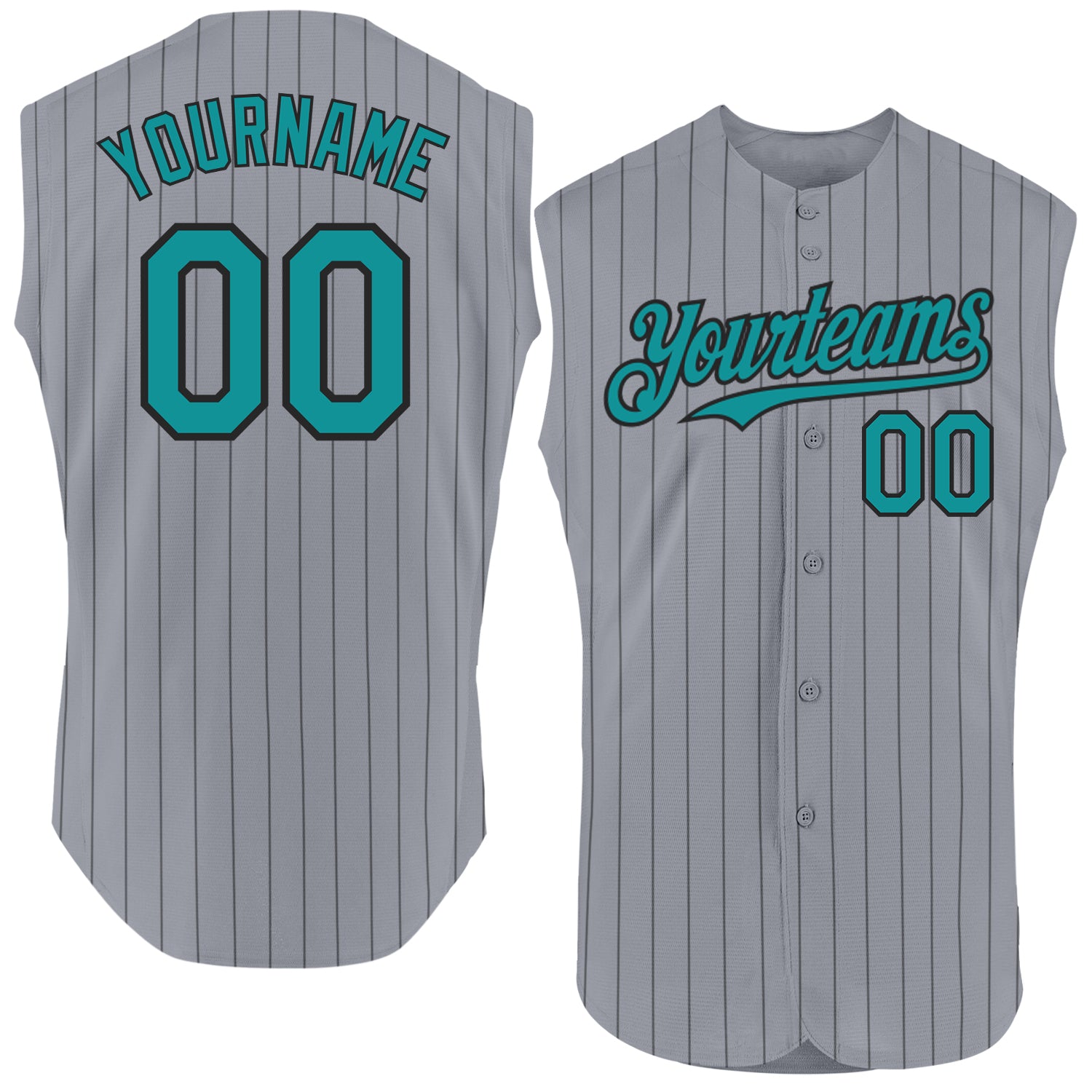 Custom Teal Baseball Jersey with Personalized Gray Black Pinstripe Design, Sleeveless, Team Name & Number Personalized Gray