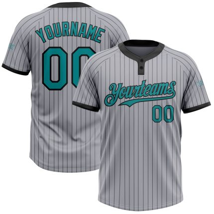 Custom Teal Two-Button Unisex Softball Jersey with Personalized Name and Number - Gray Black Pinstripe Design Personalized