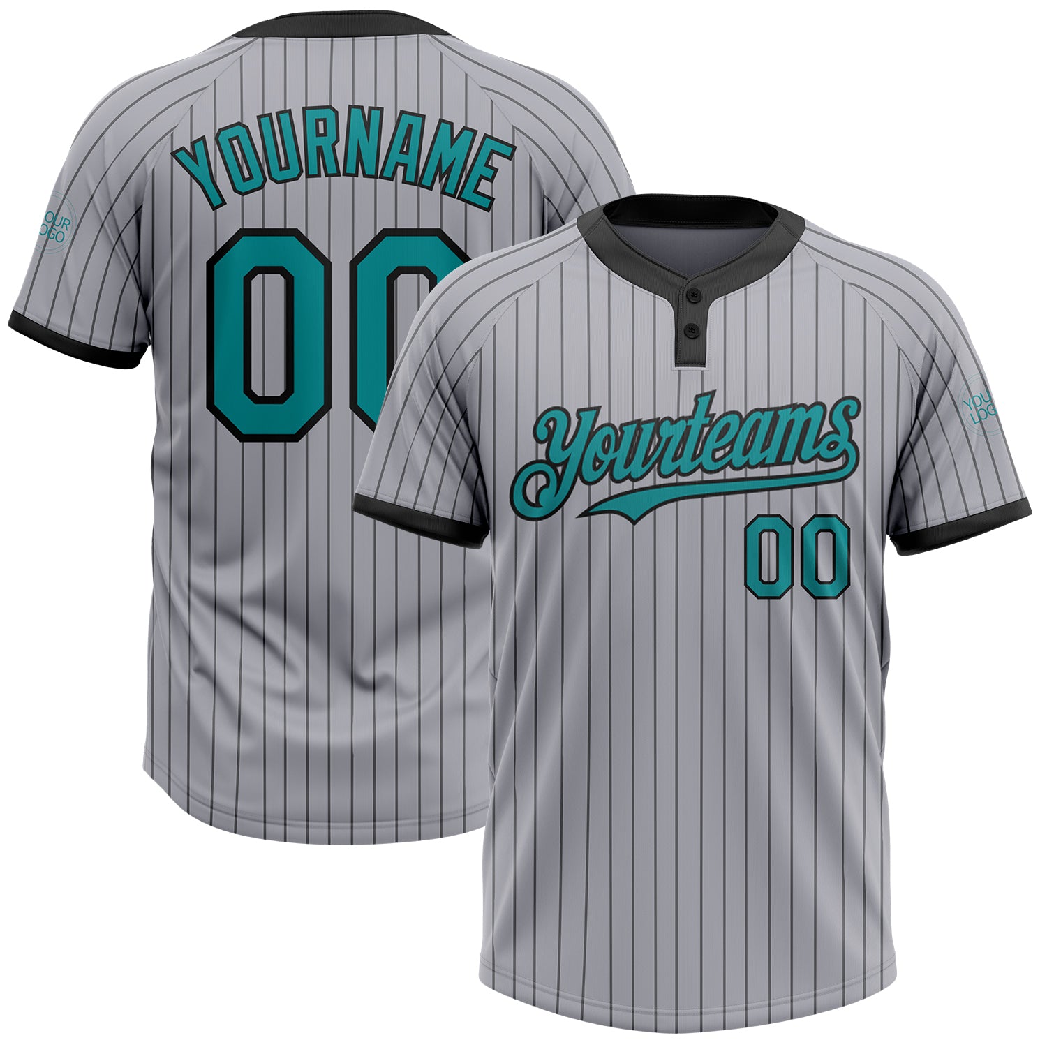 Custom Teal Two-Button Unisex Softball Jersey with Personalized Name and Number - Gray Black Pinstripe Design Personalized