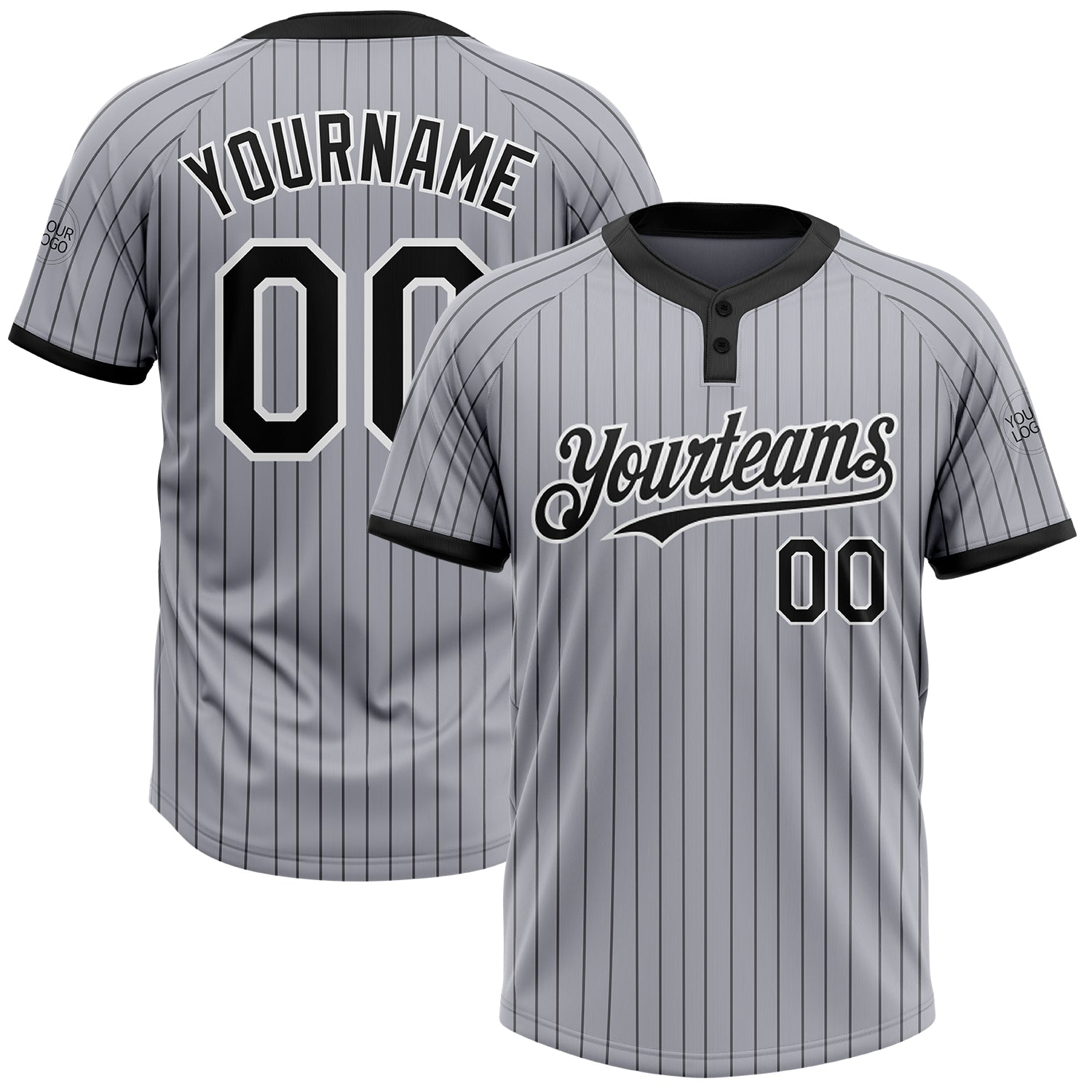 Custom Name and Number Unisex Softball Jersey, Personalized Gray Black Pinstripe Two-Button Design Personalized Gray Black