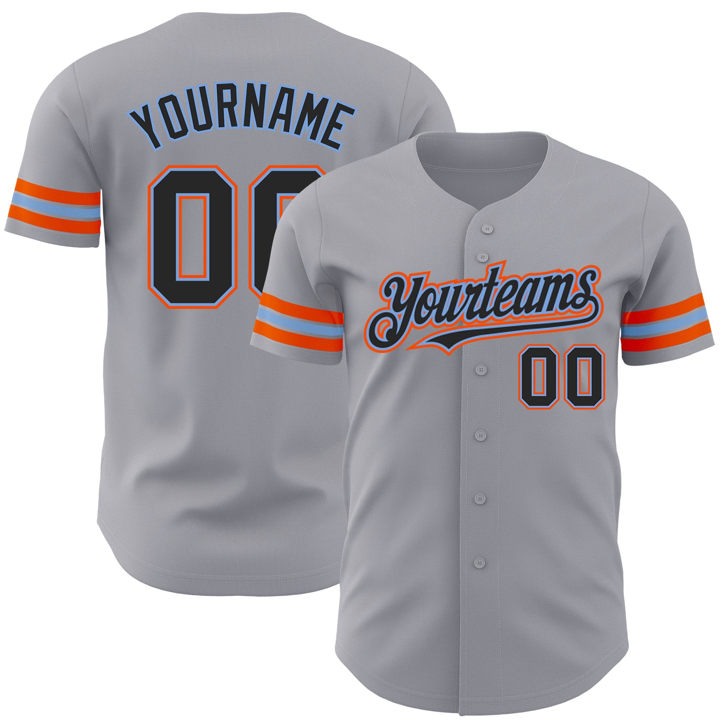 Personalized Authentic Baseball Jersey in Gray Black Powder Blue and Orange Personalized Gray Black Powder Blue-Orange Authentic