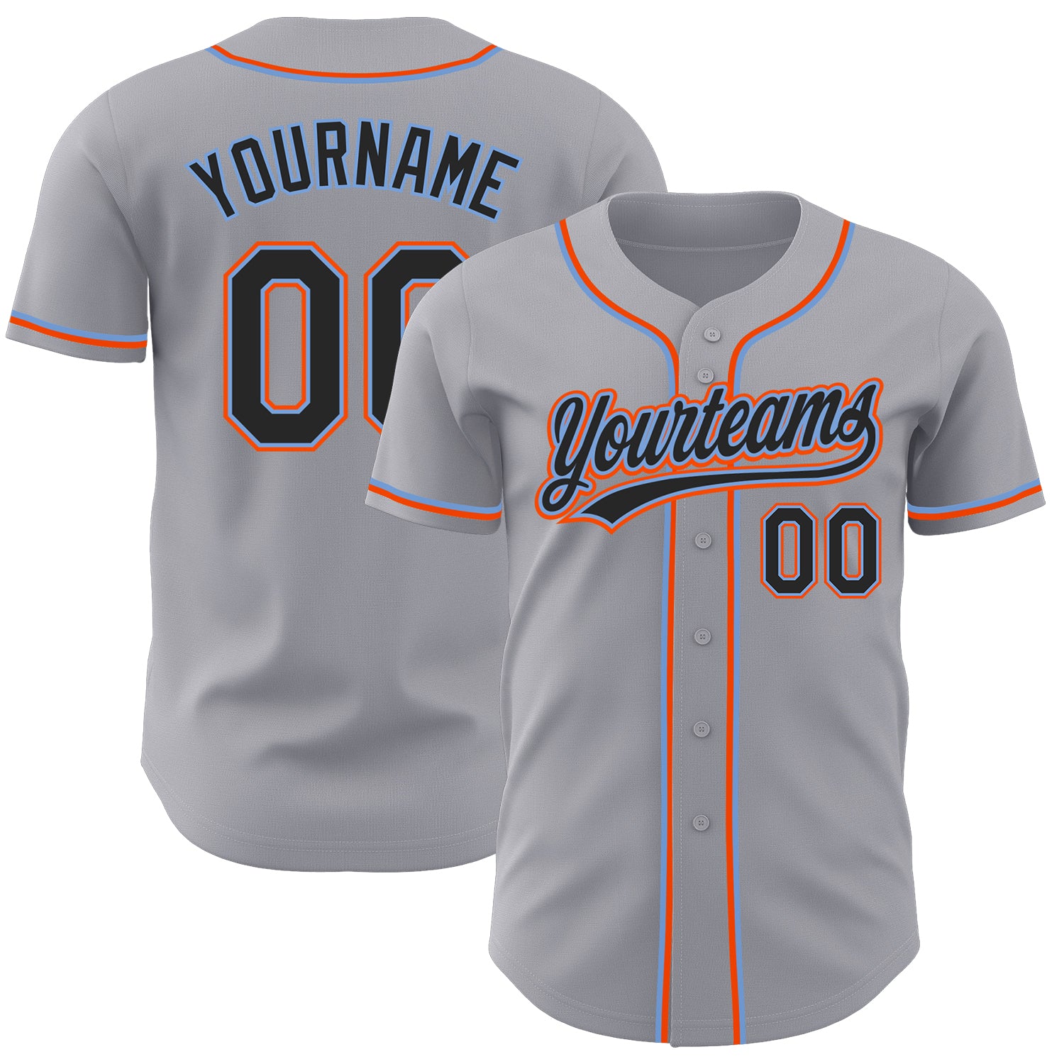 Custom Baseball Jersey with Personalized Name and Number - Gray Black Powder Blue Orange Authentic Design Personalized Gray