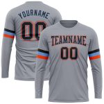 Custom Team Performance T-Shirt with Name and Number - Gray Black Powder Blue-Orange Long Sleeve Personalized Gray Black