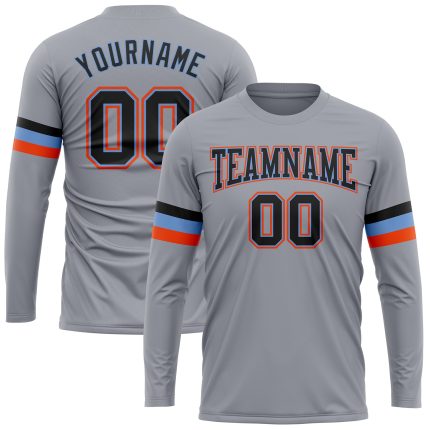 Custom Team Performance T-Shirt with Name and Number - Gray Black Powder Blue-Orange Long Sleeve Personalized Gray Black