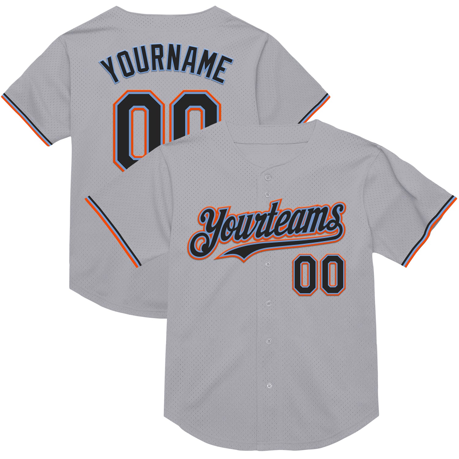 Customizable Baseball Jersey - Personalized Gray Black Powder Blue-Orange Mesh - Team Name & Number - Authentic Throwback Style