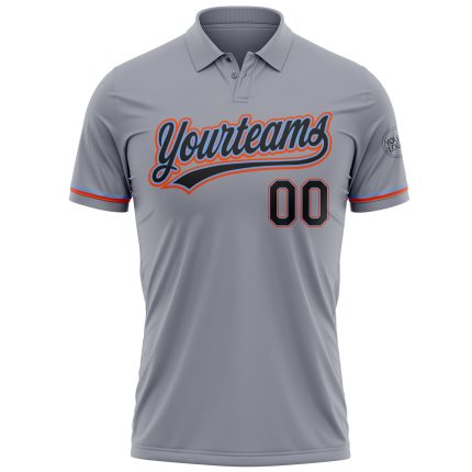 Custom Team Name Number Performance Golf Polo Shirt Gray Black Powder Blue Orange Personalized Gray Black Powder Blue-Orange