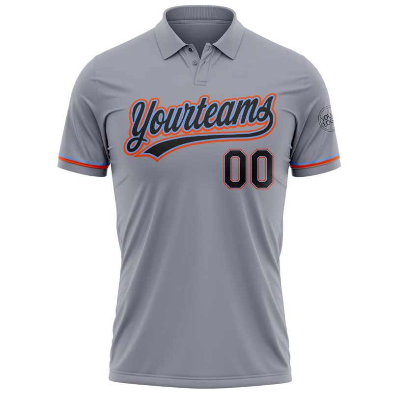 Custom Team Name Number Performance Golf Polo Shirt Gray Black Powder Blue Orange Personalized Gray Black Powder Blue-Orange