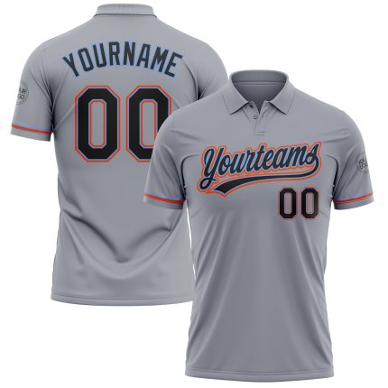Custom Team Name Number Performance Golf Polo Shirt Gray Black Powder Blue Orange Personalized Gray Black Powder Blue-Orange