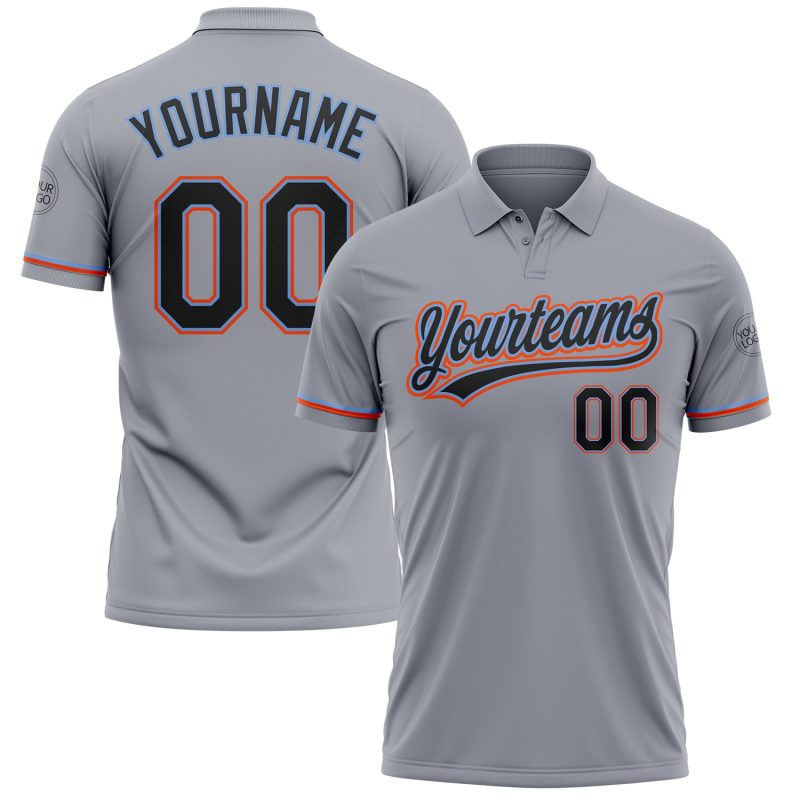 Custom Team Name Number Performance Golf Polo Shirt Gray Black Powder Blue Orange Personalized Gray Black Powder Blue-Orange