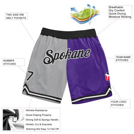 Custom Name Number Authentic Basketball Shorts Gray Black Purple Throwback Split Fashion Personalized Gray Black-Purple Authentic