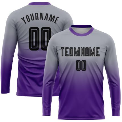 Custom Soccer Jersey Uniform with Personalized Name and Number, Gray Black-Purple Fade, Long Sleeve Fashion Design Personalized