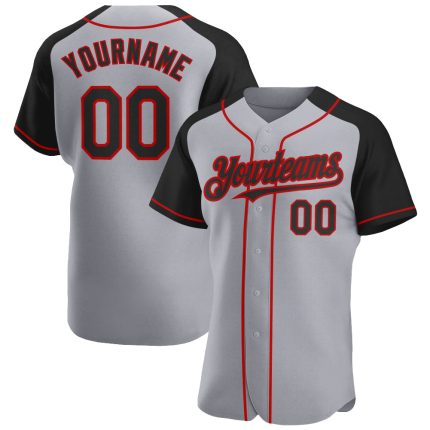 Custom Name and Number Gray Black-Red Baseball Jersey - Personalized Authentic Raglan Sleeves Team Apparel Personalized Gray
