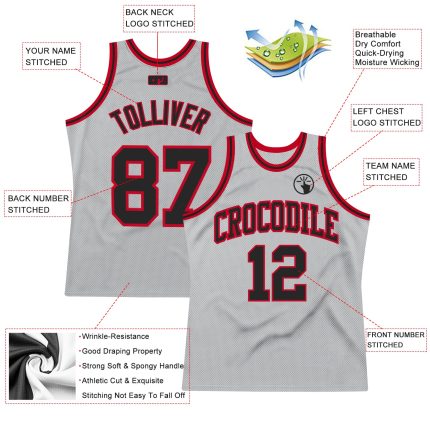 Custom Name and Number Personalized Authentic Basketball Jersey - Gray Black-Red Throwback Team Style Personalized Gray Black-Red