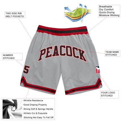 Custom Team Name and Number Basketball Shorts - Personalized Authentic Gray Black-Red Throwback Style Personalized Gray Black-Red