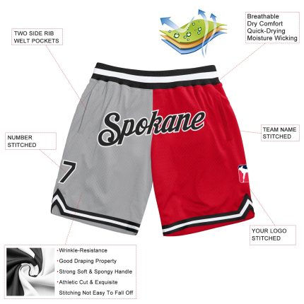 Custom Name & Number Personalized Gray Black-Red Fashion Basketball Shorts - Authentic Throwback Split Style Personalized